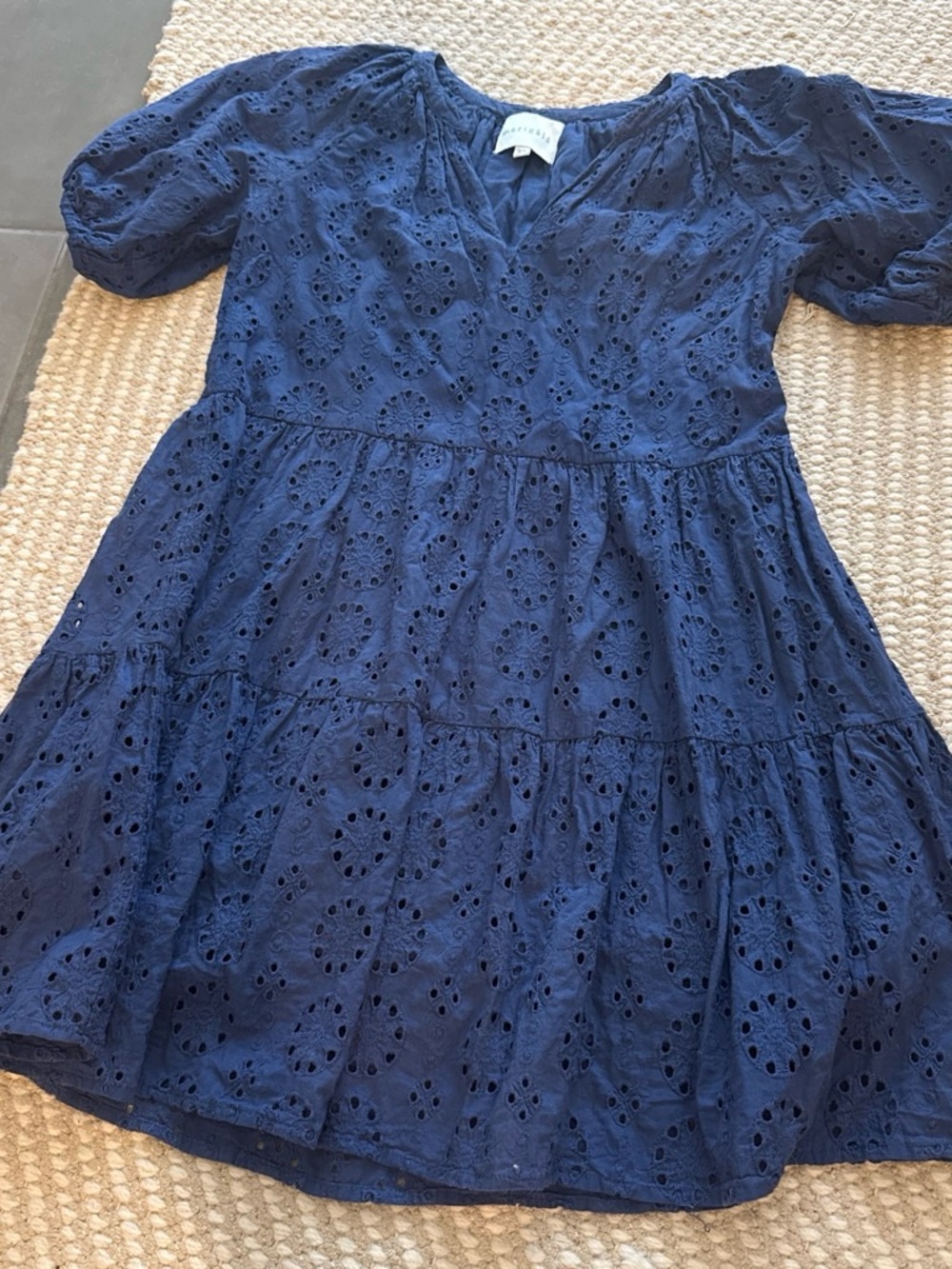 Girls Navy Eyelet Tiered Dress with Puff Sleeves